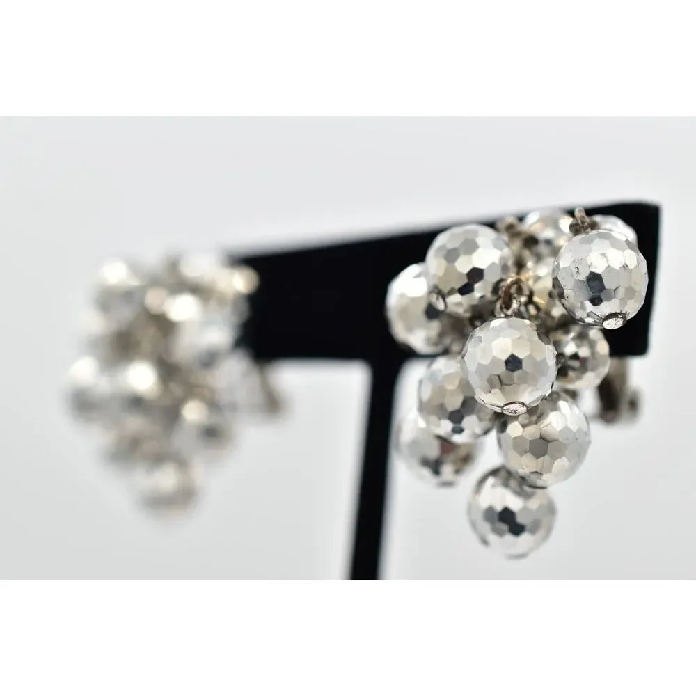 Laguna Vintage Clip On Crystal Earrings Silver Disco Chandelier Signed 50s BinBK